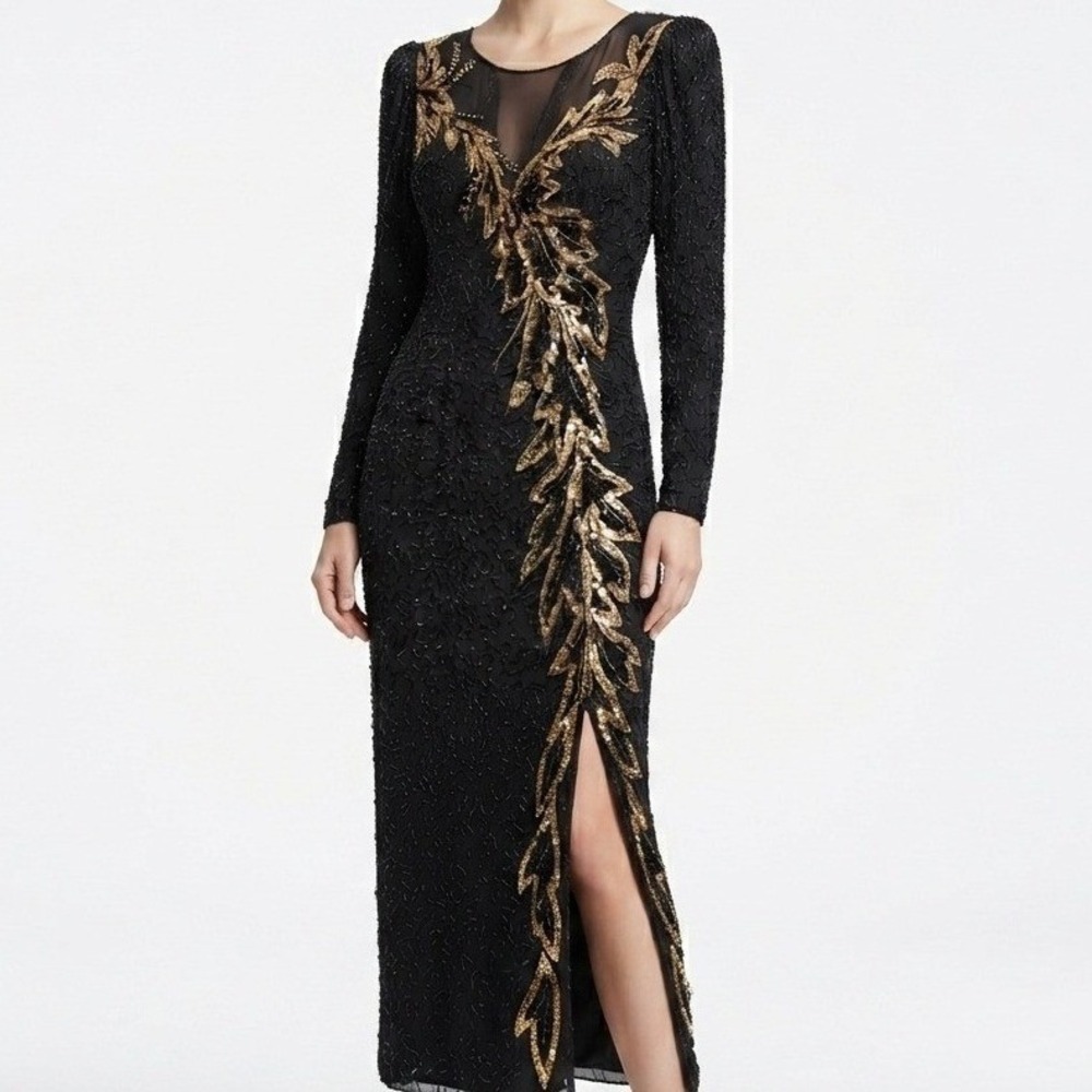 Vintage d'ore Della Roufogali Gown Womens 6 Black Gold Silk Beaded Sequin Dress